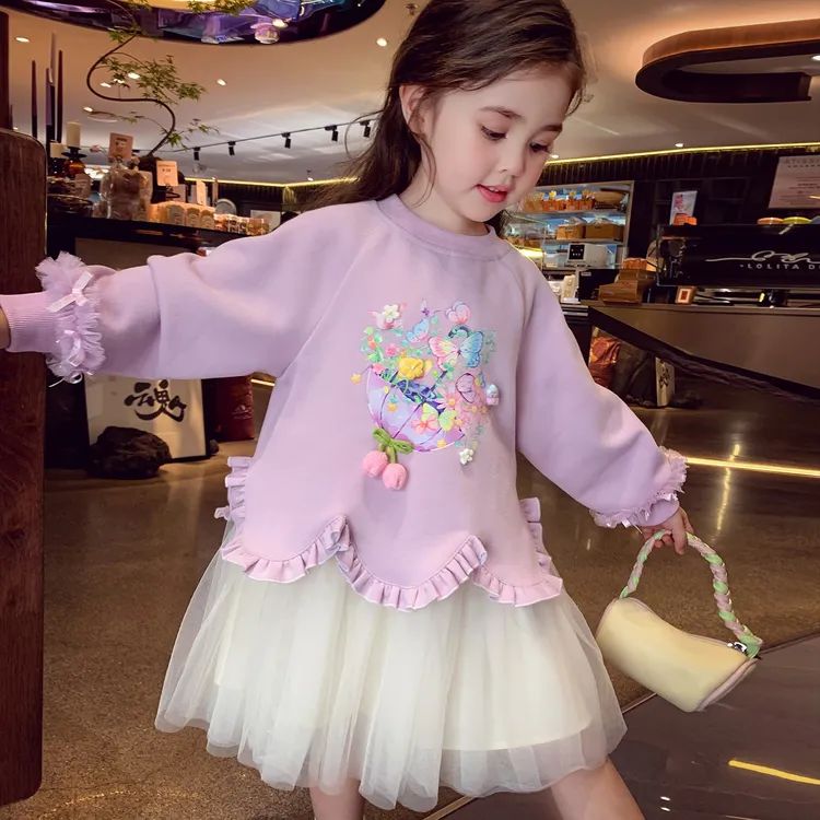 女童公主卫衣裙秋装2025新款儿童韩版立体花朵网纱公主连衣裙女孩