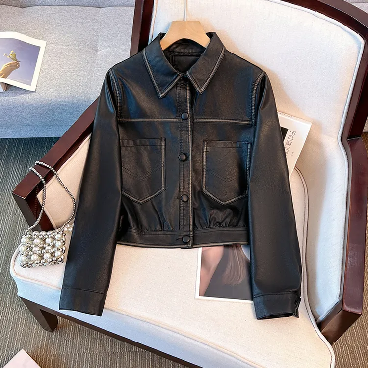 拉夏贝尔洋气翻领短款皮衣外套女2025秋季百搭复古小个子通勤夹克
