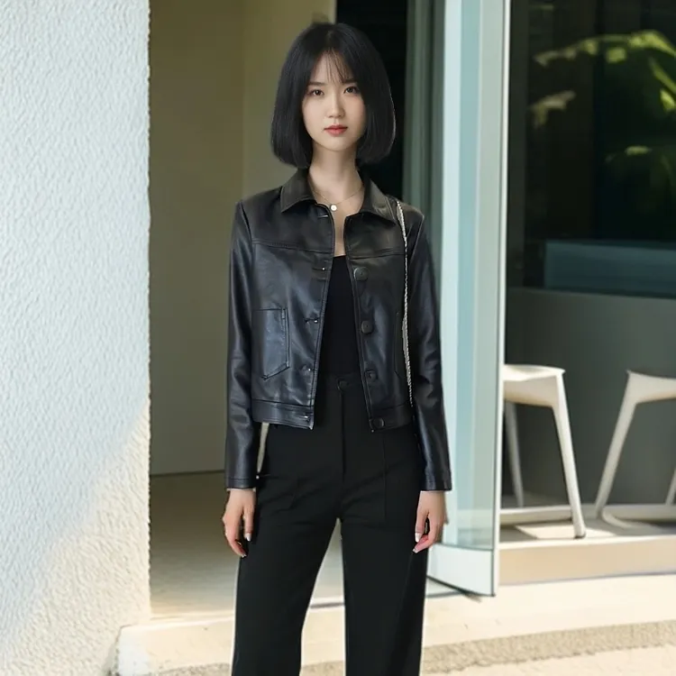 女士排扣休闲韩版女装皮衣夹克外套ZM