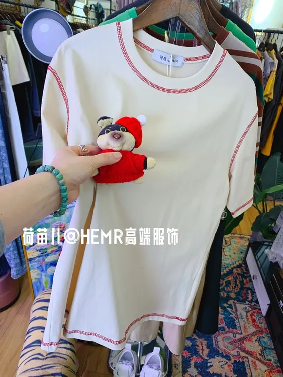 荷苗儿实体店现货2025夏季新款线边玩偶短袖T恤