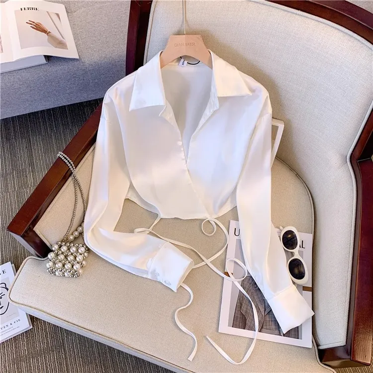 法式V领交叉系带高腰短款上衣女夏季设计感小众白色薄款长袖衬衫