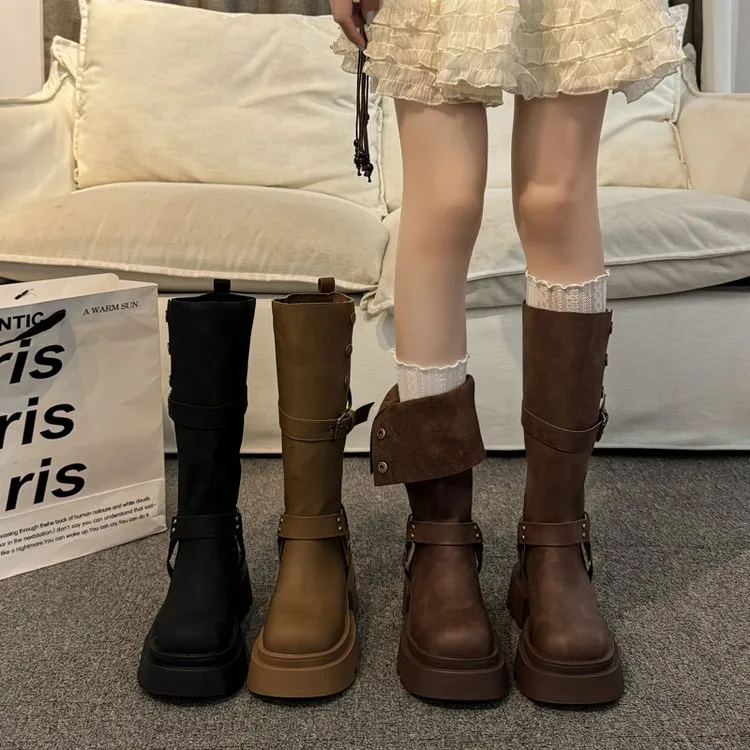 新款英伦风筒靴秋冬季过膝正品增高女靴冬季款新款2025卡其色短靴