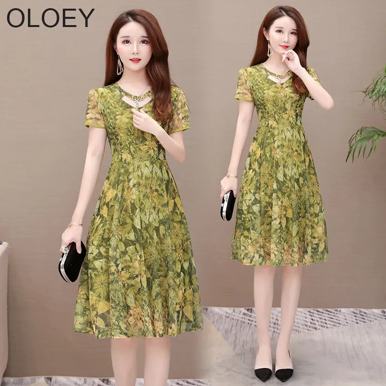 碎花显瘦气质时尚洋气遮肚过膝连衣裙|印花修身中年女妈妈装夏装|