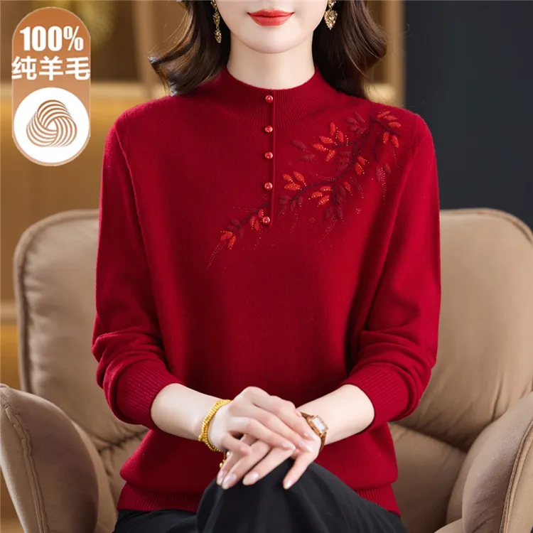 妈妈100%纯羊毛衫秋冬半高领红色毛衣中老年女装绣花针织打底衫