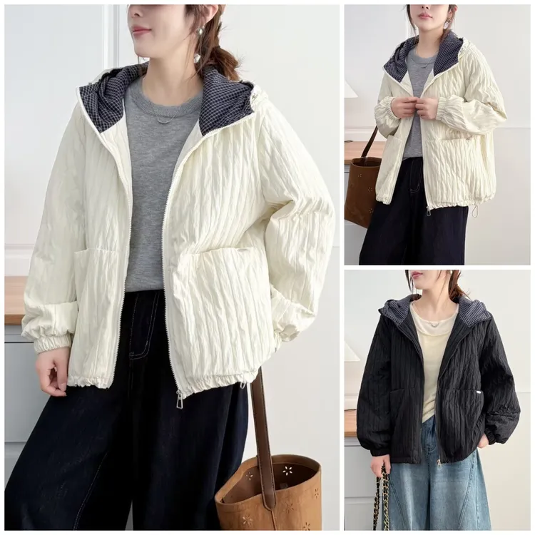 大码胖mm棉服女休闲秋冬连帽时尚女士连帽梭织棉衣宽松拼接