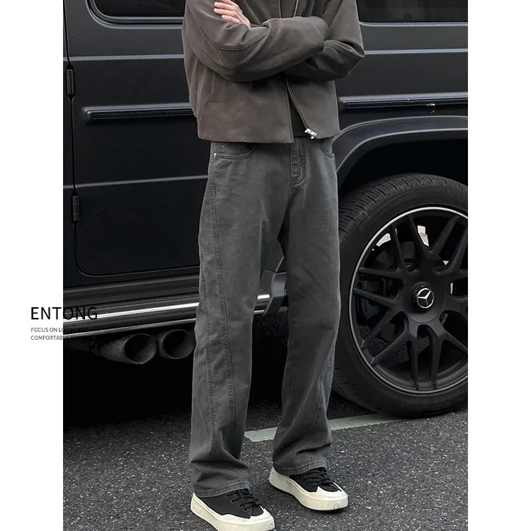 Entong复古cleanfit解构深灰色工装牛仔裤男美式高街vibe窄版长裤