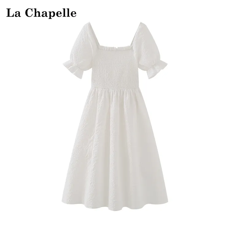 拉夏贝尔法式甜美高级感气质花边褶皱泡泡袖连衣裙女高腰长裙夏装