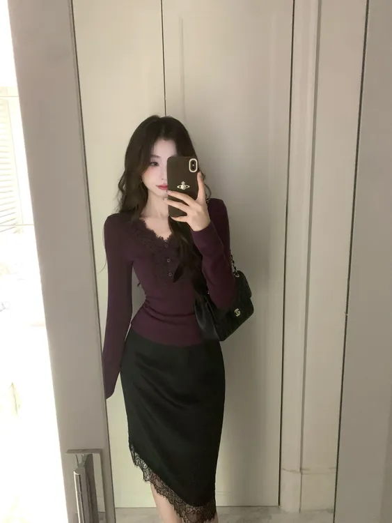 EIA一尧【钓系美人半裙】高级气质女人慵懒感缎面短款显瘦蕾丝摆裙