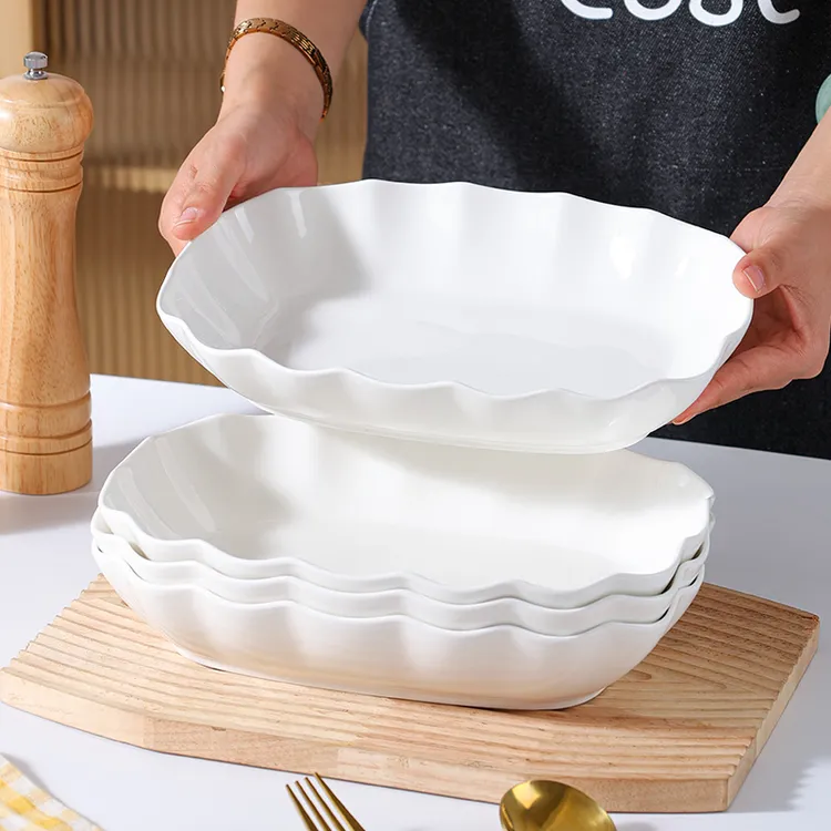 2只装10,5英寸陶瓷烤盘焗饭盘骨瓷长方形鱼盘烤盘沙拉盘海瓷餐具