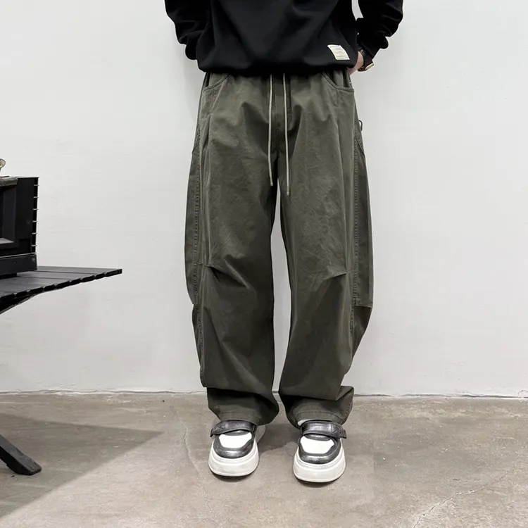 【旺银良衣】重磅加厚宽松水洗直筒港风百搭工装弯刀裁剪男士休闲裤