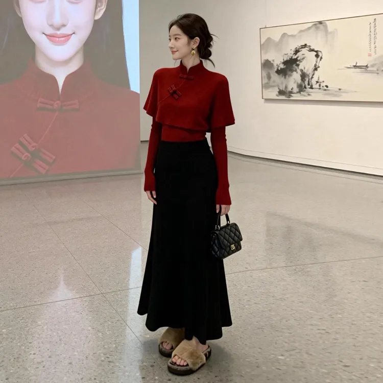 新年战袍红色毛衣连衣裙子女秋冬季2026新款新中式穿搭一整套装裙