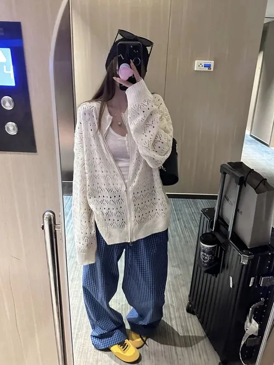 春秋韩系微胖慵懒针织衫白色镂空拉链开衫外套薄款ins风上衣防晒