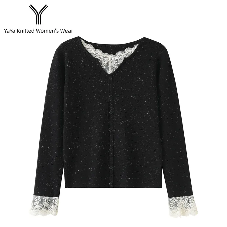 高品质法式蕾丝打底衫V领长袖秋冬季轻熟风小衫上衣针织开衫6233