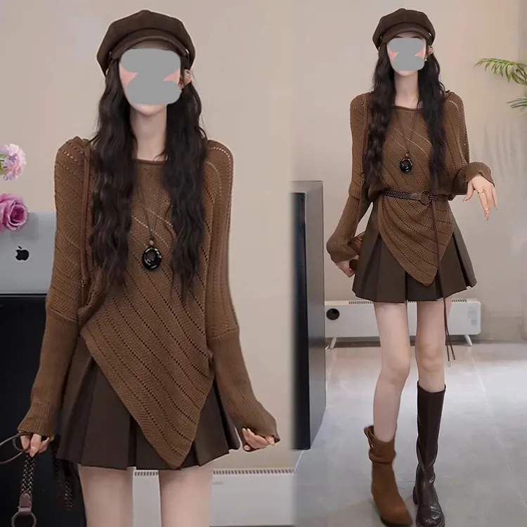 韩版休闲时尚套装女2025春秋新款镂空针织衫长袖百褶半身裙两件套