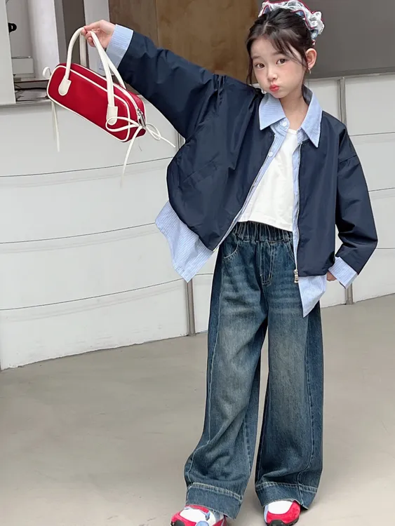 女童男童2025秋款长袖宽松百搭女短款短外套童装洋气+牛仔裤儿童