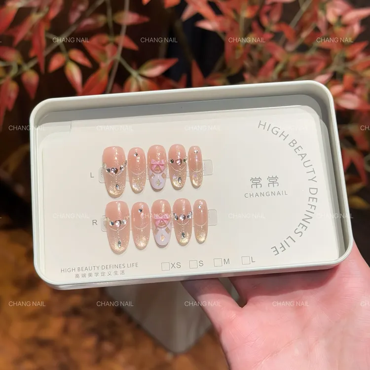 粉漾甜心-Sweetheart-穿戴甲粉色气质蝴蝶结碎钻项链甜美 10片装