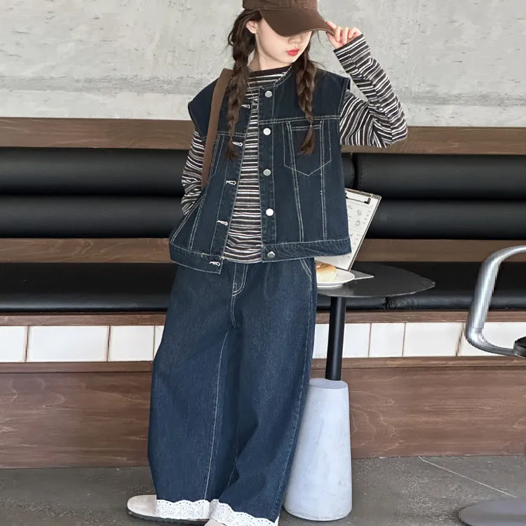 女童秋季牛仔套装2025新款女大童洋气时髦春秋款儿童秋装三件套潮