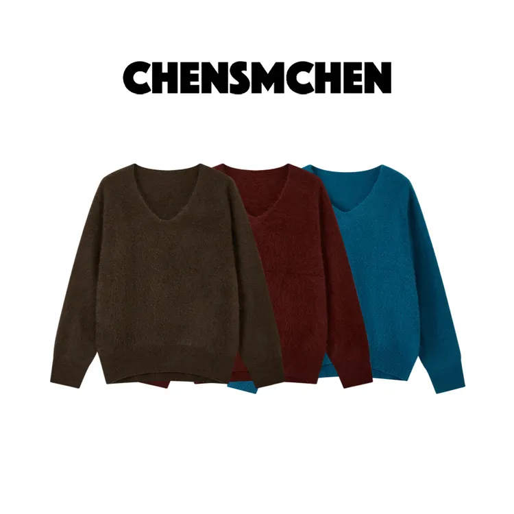 CHENSMCHEN 绵羊毛V领拉毛毛衫女宽松简约百搭显瘦上衣CSZ11033MX