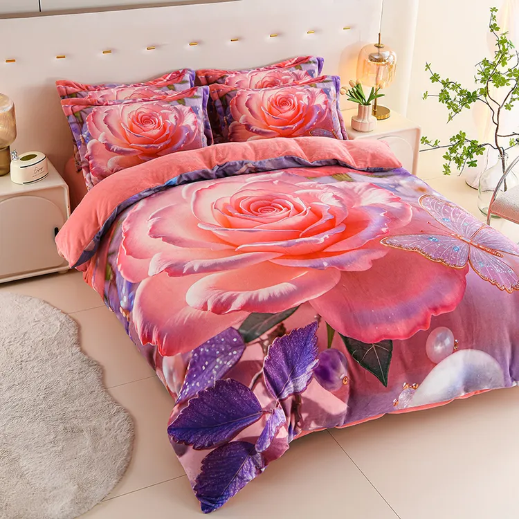 若及冬季5D印花加绒加厚双面保暖牛奶绒亲肤裸睡被套四件套