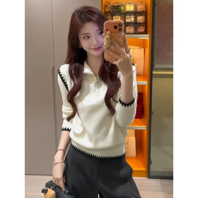 韩系别致高领假两件长袖针织衫女秋冬撞色高级感超好看显瘦上衣