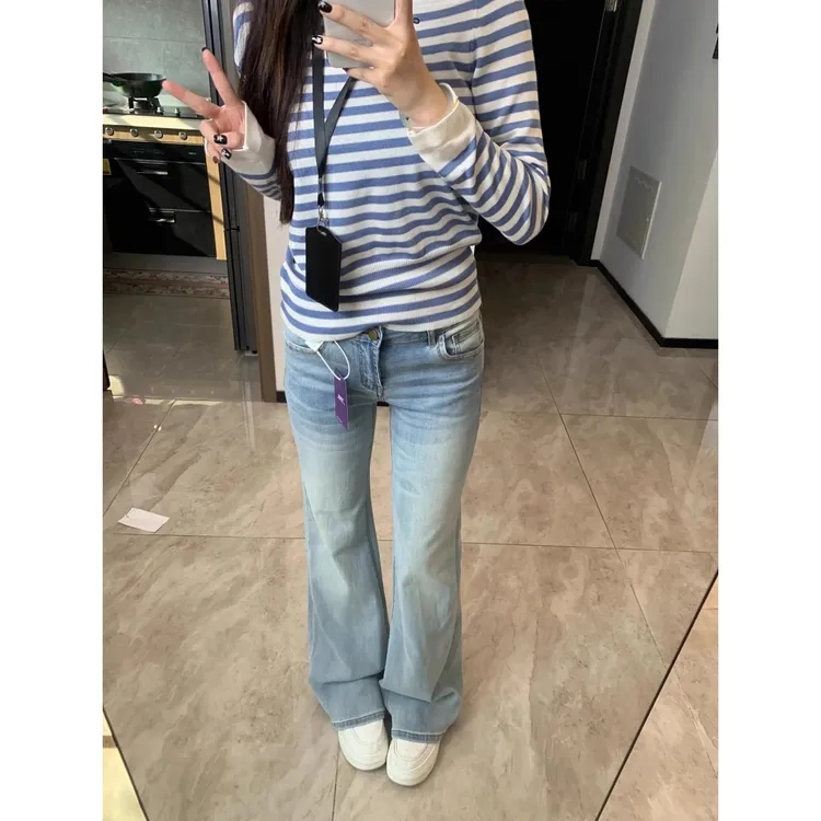 【潇潇专属】显瘦喇叭裤复古冰蓝微喇牛仔裤女设计感修身马蹄裤子