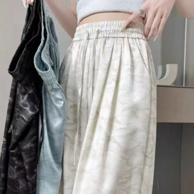 夏季冰丝阔腿裤女高腰垂感醋酸印花休闲拖地直筒薄款凉凉裤时尚
