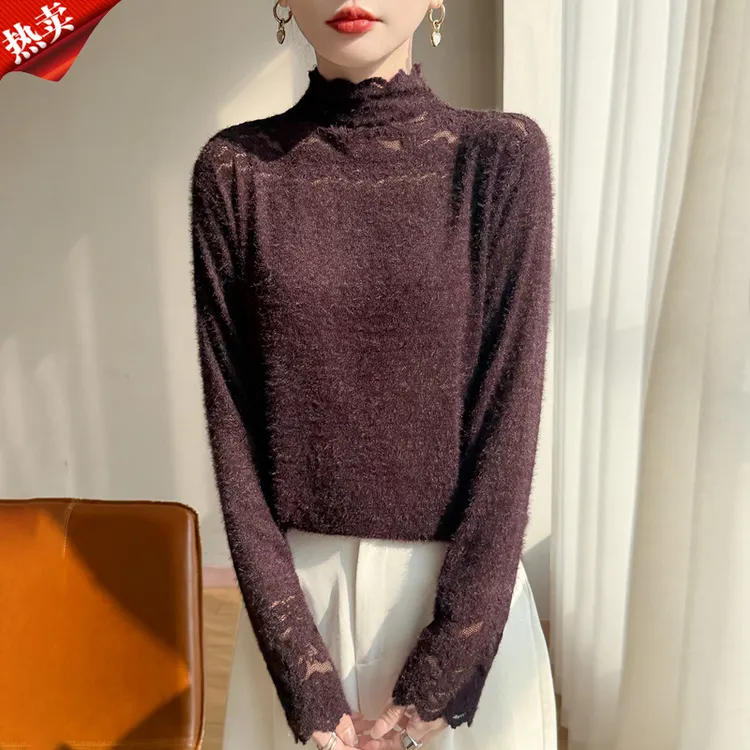 时尚品牌秋冬蕾丝镂空呢子大衣内搭打底衫百搭半高领针织衫上衣女