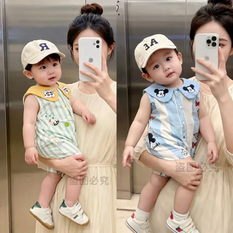 夏季上新婴儿衣服满印卡通连体哈衣宝宝可爱小新米奇外出服X89