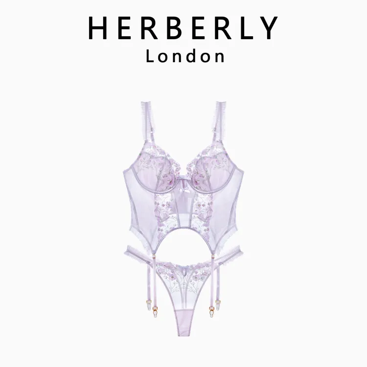 英国 HERBERLY 性感网纱蕾丝聚拢鱼骨胸内衣女刺绣纯欲文胸套装