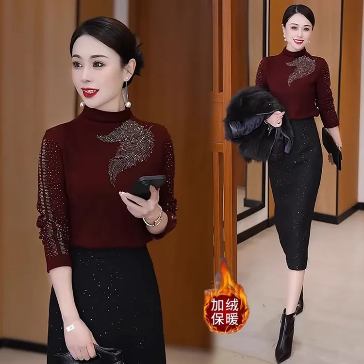 高级感烫钻打底衫女2025秋冬新款时尚保暖内搭半高领加绒加厚上衣