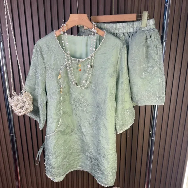 新中式中性风通勤风法式时尚套装短袖斜襟唐装女装