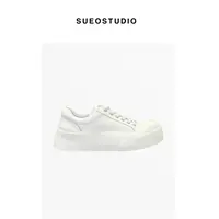 SUEO 【微翘·饼干鞋】双面牛皮免系松紧鞋带显高圆头百搭休闲鞋