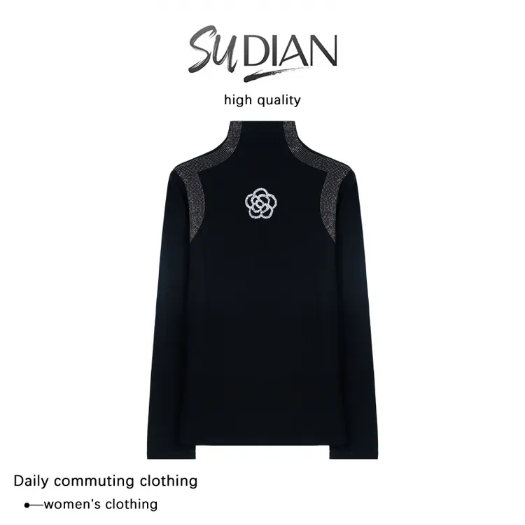 秋冬季新款墨韵山茶花螺纹烫钻长袖打底衫Q25CD2411