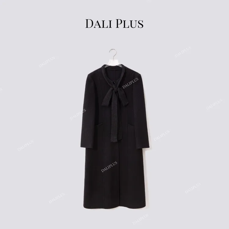 DALI PLUS“山羊绒+高支绵羊毛”蝴蝶结飘带双面呢大衣-D5MM2687