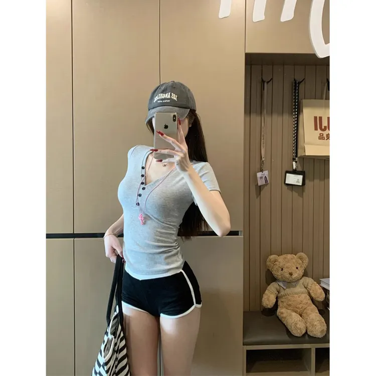 百搭领显瘦短袖恤夏季新款纯欲风辣妹收腰弹力显身材上衣女