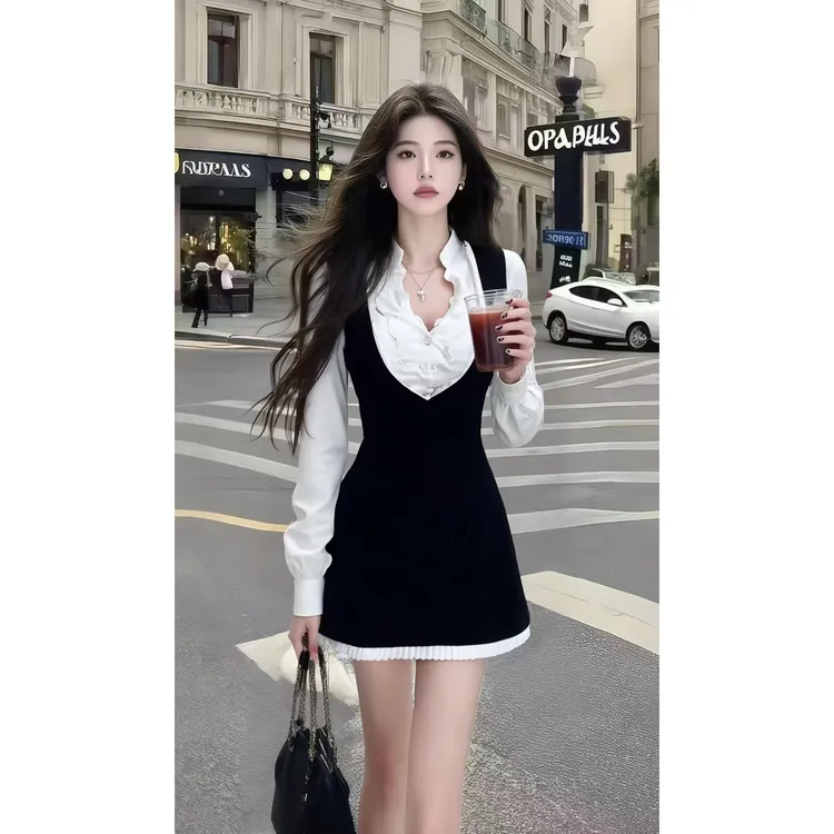 【织衫娇柔】白色蕾丝花边V领衬衫A字裙收腰拼接长袖连衣裙小众裙子