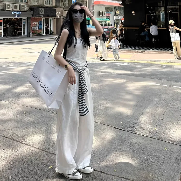 白色棉麻裤女夏季薄款高腰垂感宽松休闲慵懒老钱风冰丝亚麻阔腿裤