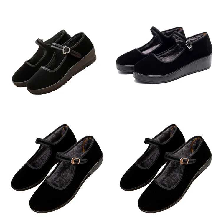 老北京加绒黑布鞋冬季加厚保暖平底厚底增高实心女工作鞋防滑舒适