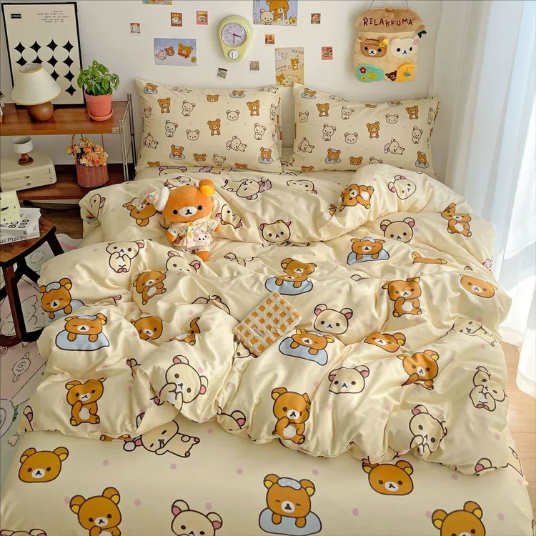 100%全棉高端轻松熊四件套双面印花纯棉床单被套床笠宿舍三件套