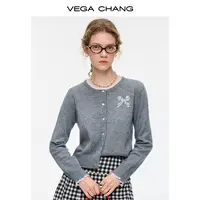VEGACHANG【灰蝶绒甜】灰色蝴蝶结针织衫开衫女2025新外套0348JJ