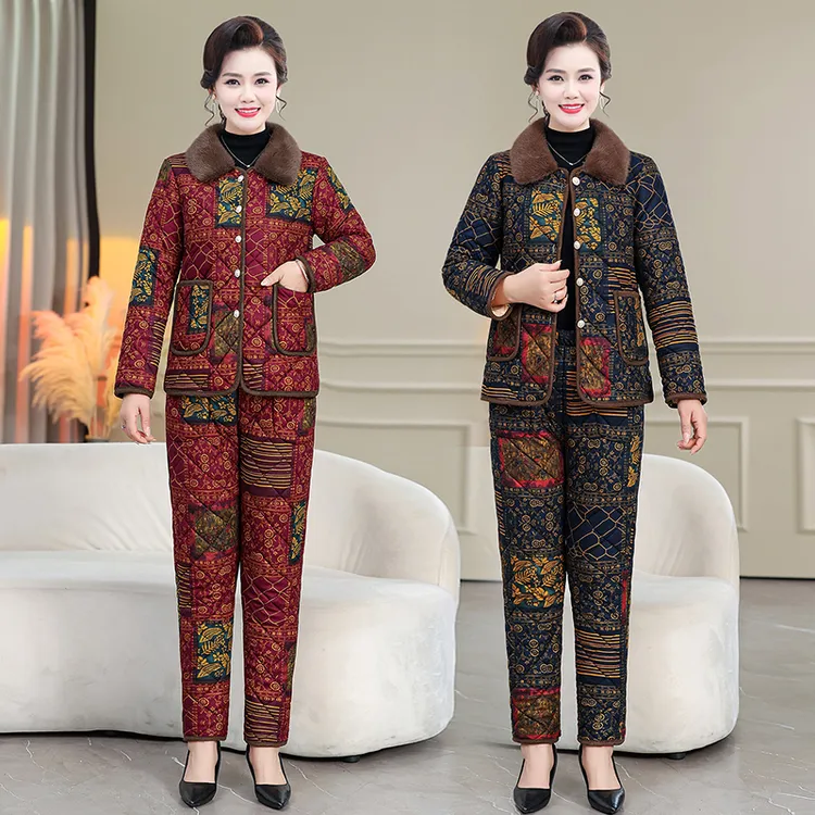 中老年女装加绒加厚冬季套装保暖时尚外套女士保暖棉服睡衣妈妈装