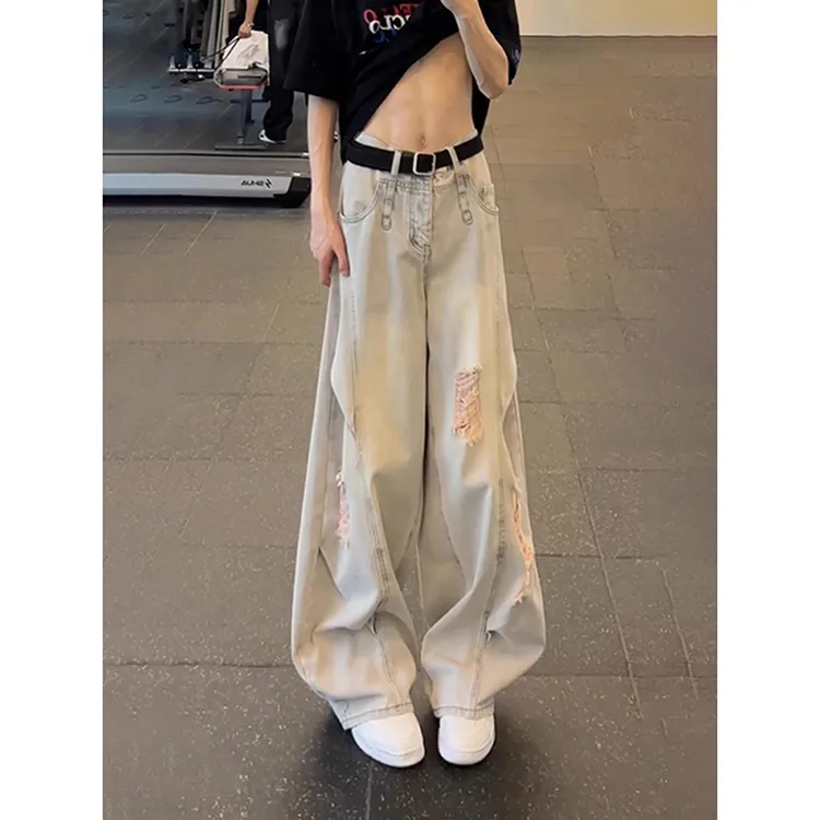 美式高街破洞牛仔裤男夏薄款潮牌痞帅炸街裤子弯刀阔腿工装微喇裤