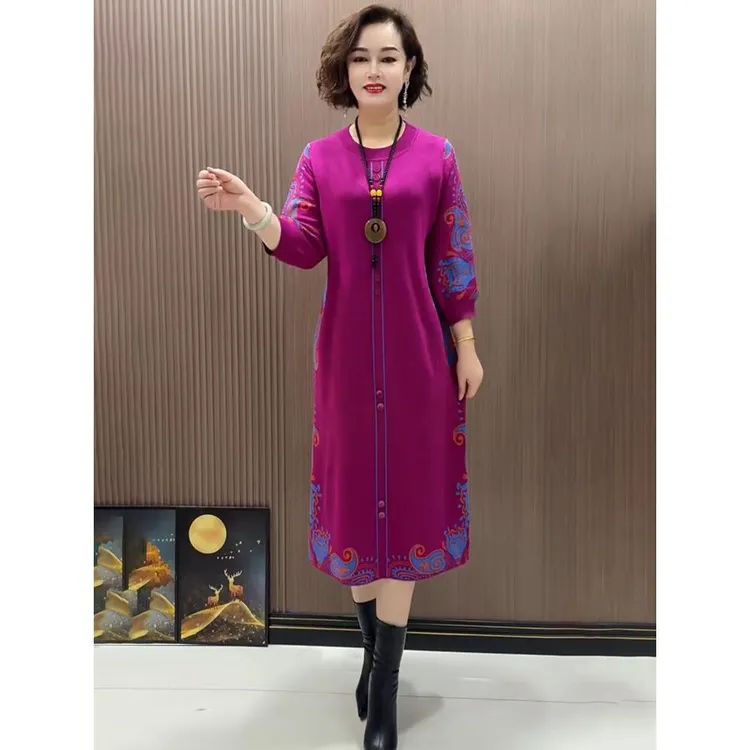 精品妈妈针织连衣裙2025气质优雅宽松大牌花色显瘦高档阔太太女装