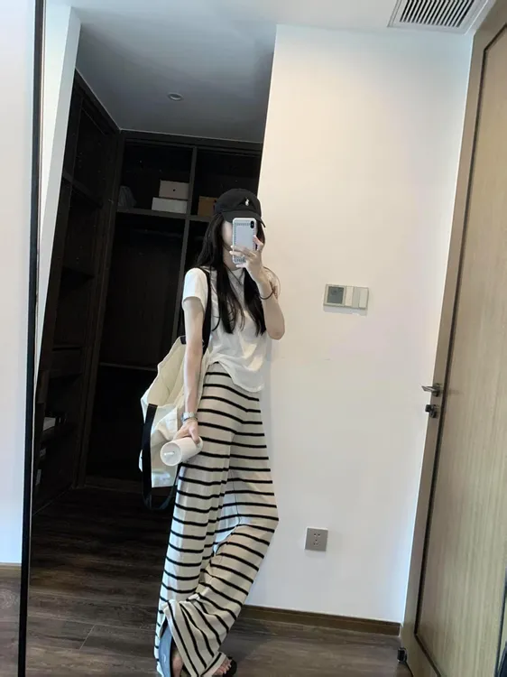 慵懒风设计感斜肩T恤上衣高腰条纹休闲阔腿裤女2025夏季两件套装