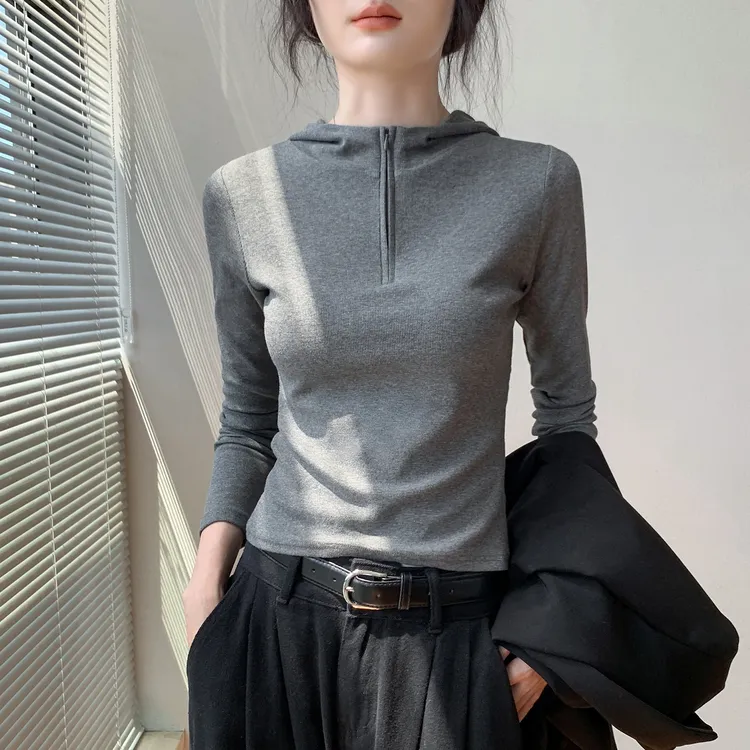 韩版连帽拉链半开领藏修T恤女秋新款修身外穿上衣纯色简约打底衫