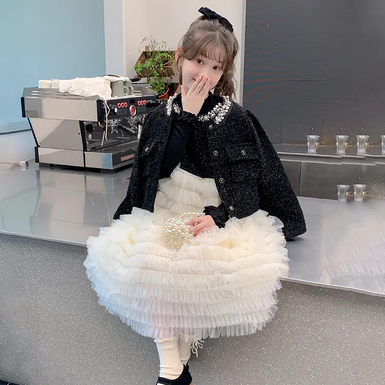 女童连衣裙秋装2025新款儿童小香风珍珠领外套网纱无袖背心公主裙