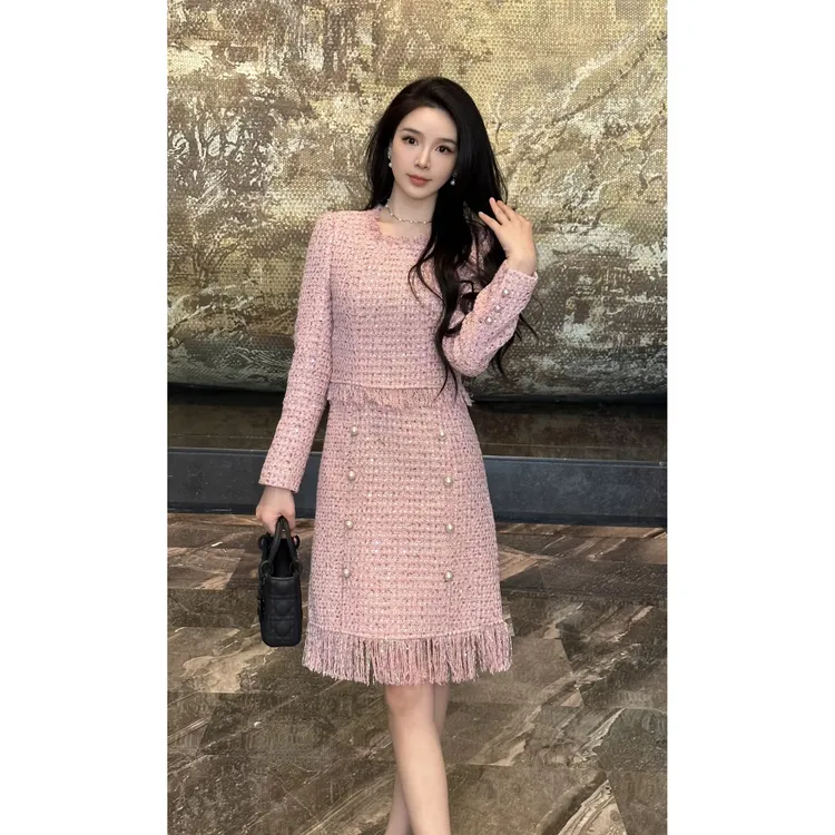 YUANBAO【2025流苏款】秋冬百搭连衣裙粗花呢时尚老钱风保暖显瘦
