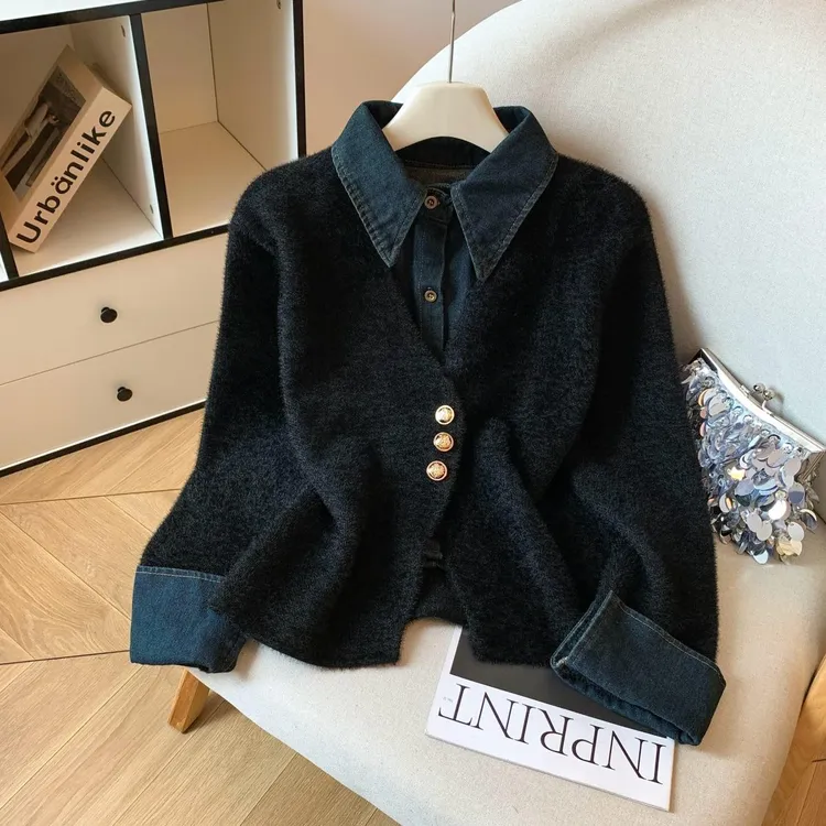 小香风牛仔假两件翻领软糯毛衣外套秋冬季新款宽松气质开衫上衣女
