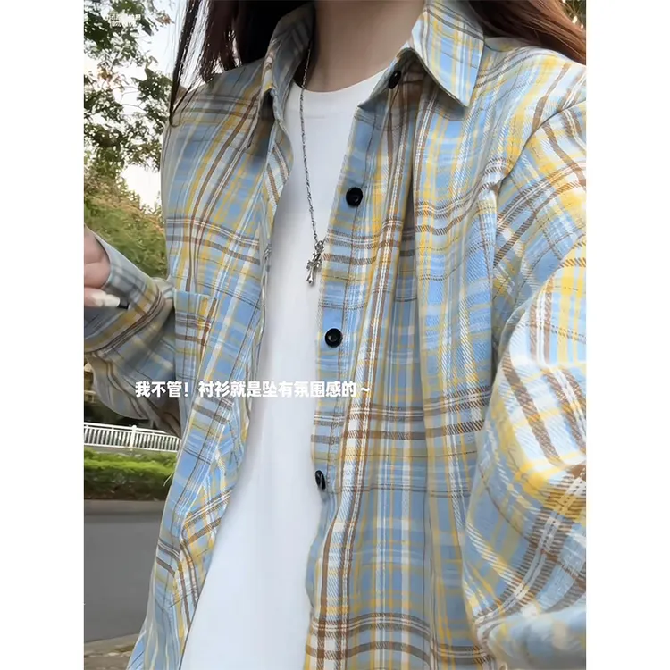 韩系小香风格纹衬衫男女款秋冬季复古潮牌ins宽松大码加绒上衣