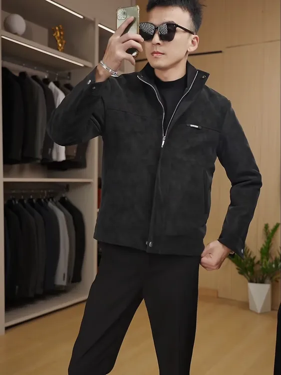 男士秋冬夹棉加厚修身百搭保暖夹克皮衣外套冬季时尚立领休闲夹克